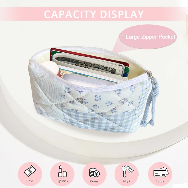 Modacarry Store Cotton Quilted Floral Coin Purse Digital Camera Pouch with Cute Prints Zipper for Women Girls (BLUE PATCH) - Image 2